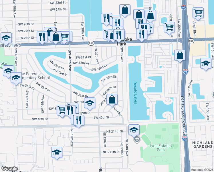map of restaurants, bars, coffee shops, grocery stores, and more near 3600 Southwest 36th Street in West Park