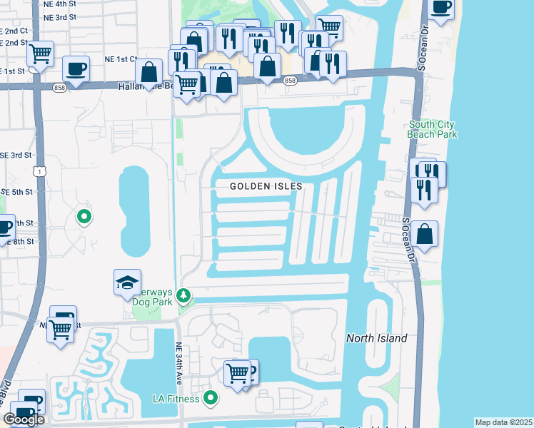 map of restaurants, bars, coffee shops, grocery stores, and more near 419 Sunset Drive in Hallandale Beach