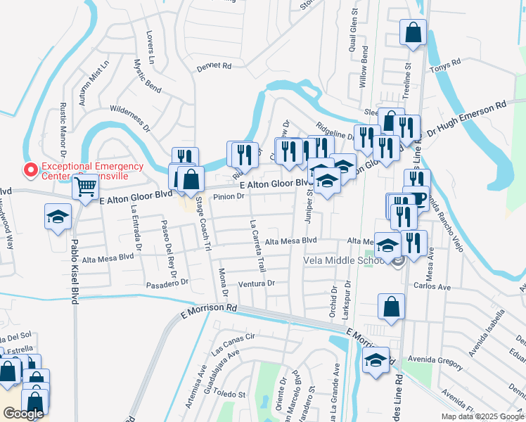 map of restaurants, bars, coffee shops, grocery stores, and more near 1498 Codorniz Drive in Brownsville