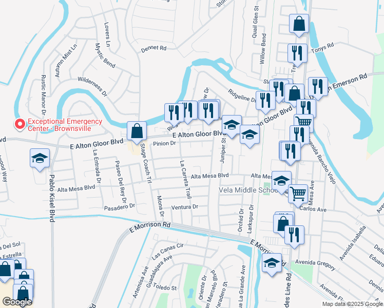 map of restaurants, bars, coffee shops, grocery stores, and more near 1492-1498 Codorniz Dr in Brownsville