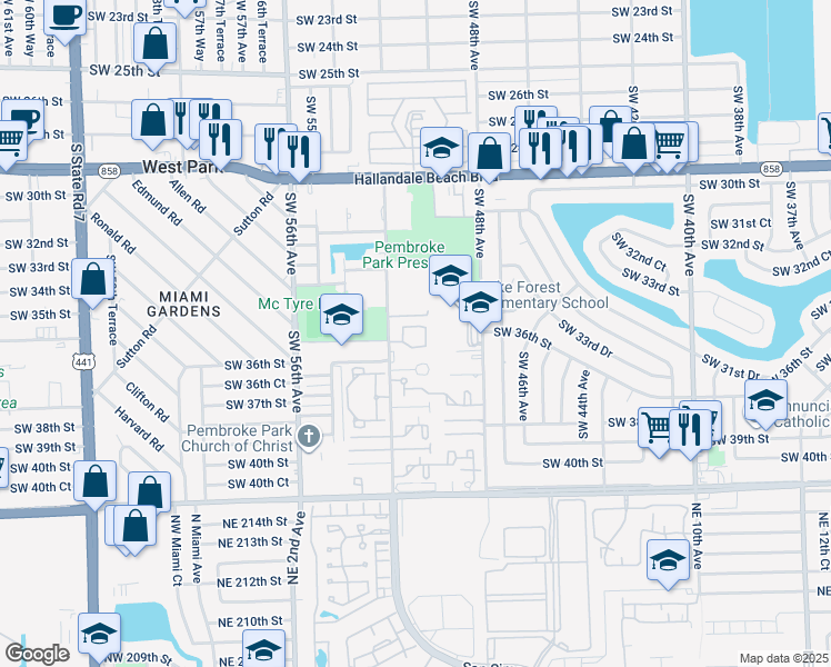 map of restaurants, bars, coffee shops, grocery stores, and more near 3503 Southwest 52nd Avenue in Pembroke Park