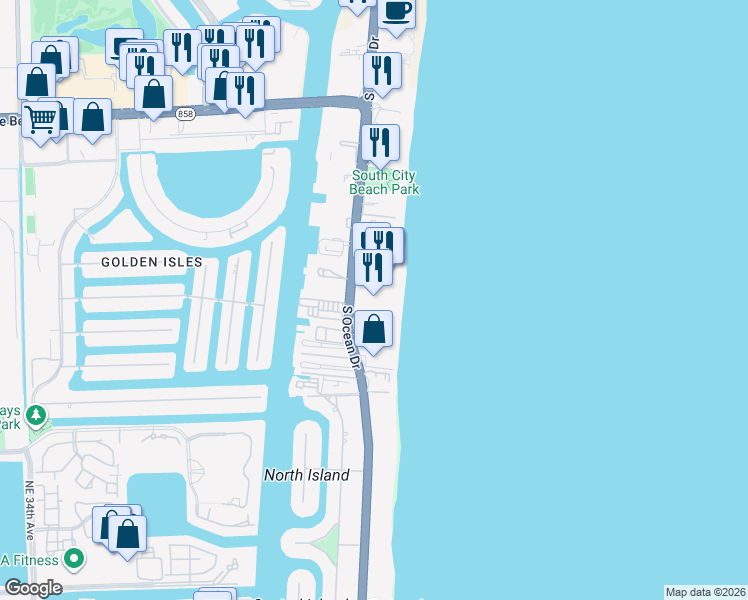 map of restaurants, bars, coffee shops, grocery stores, and more near 2030 South Ocean Drive in Hallandale Beach