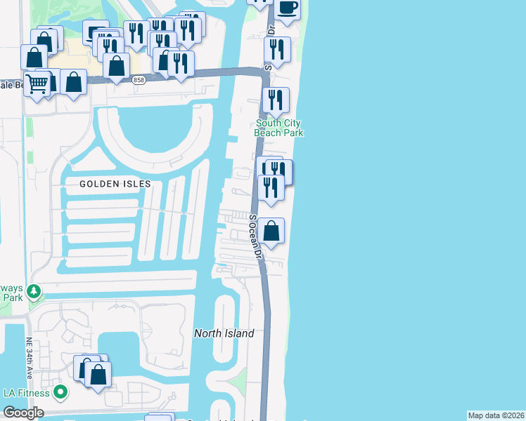 map of restaurants, bars, coffee shops, grocery stores, and more near 2030 South Ocean Drive in Hallandale Beach