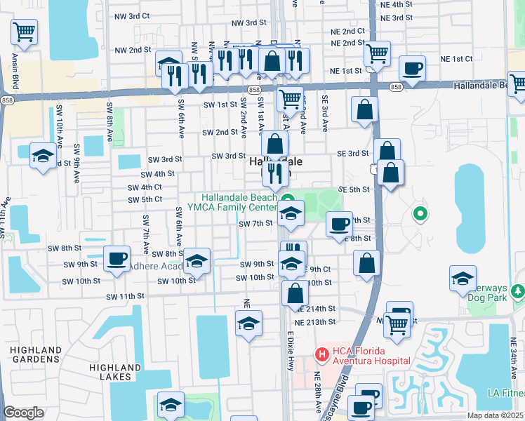 map of restaurants, bars, coffee shops, grocery stores, and more near 100 Southwest 7th Street in Hallandale Beach