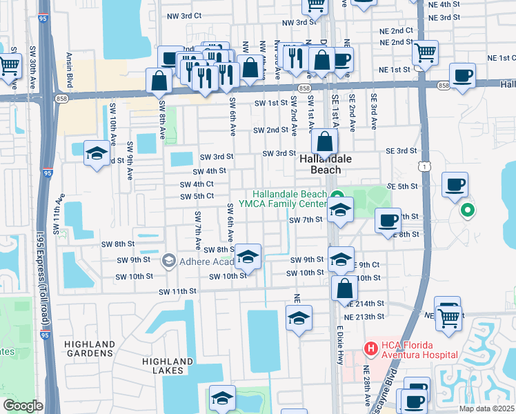 map of restaurants, bars, coffee shops, grocery stores, and more near 624 Southwest 4 Avenue in Hallandale Beach