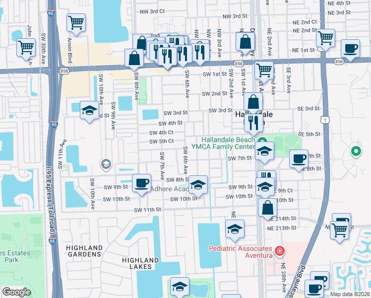 map of restaurants, bars, coffee shops, grocery stores, and more near 607 Southwest 6th Avenue in Hallandale Beach