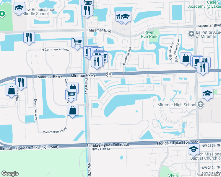map of restaurants, bars, coffee shops, grocery stores, and more near 9851 West Elm Lane in Miramar