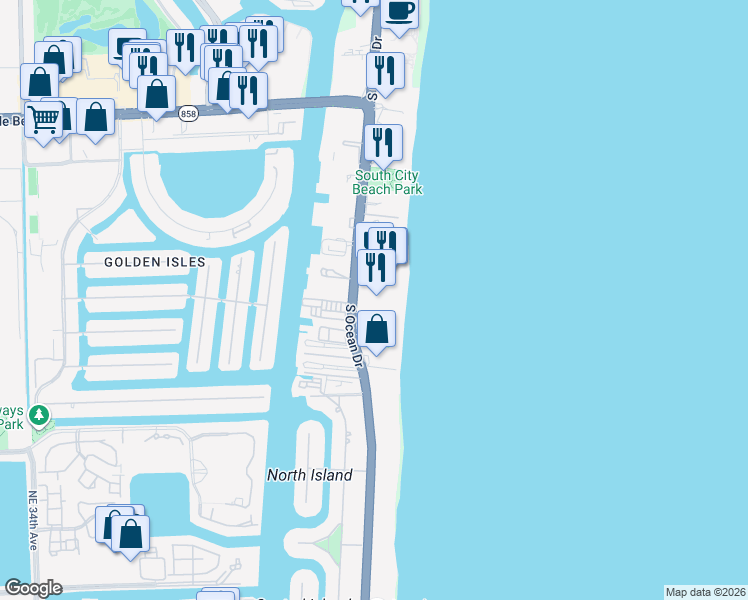 map of restaurants, bars, coffee shops, grocery stores, and more near 2030 South Ocean Drive in Hallandale Beach