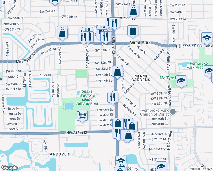 map of restaurants, bars, coffee shops, grocery stores, and more near 6050 Southwest 35th Street in Miramar