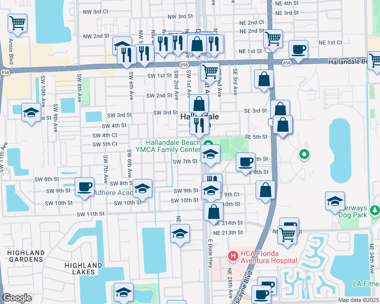 map of restaurants, bars, coffee shops, grocery stores, and more near 100 Southwest 7th Street in Hallandale Beach