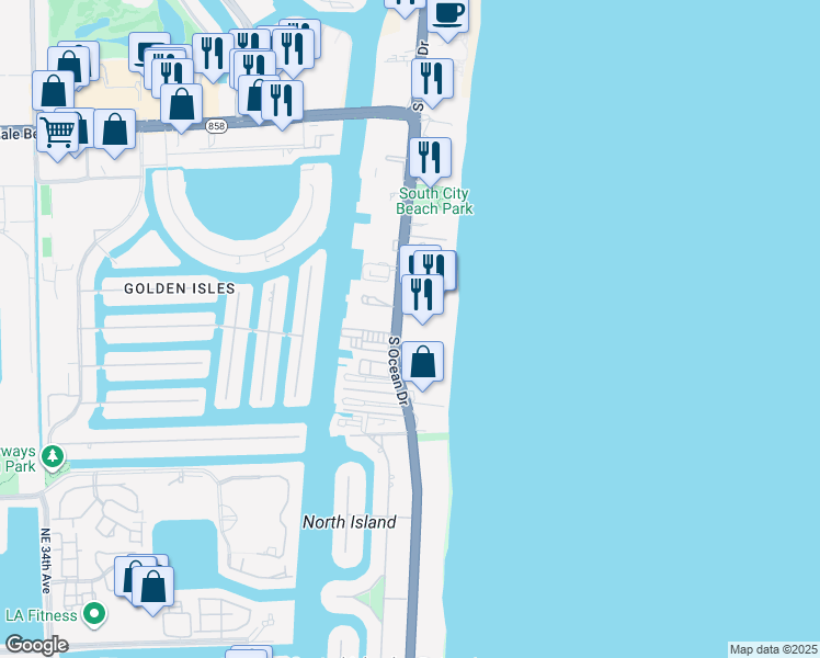 map of restaurants, bars, coffee shops, grocery stores, and more near 2030 South Ocean Drive in Hallandale Beach