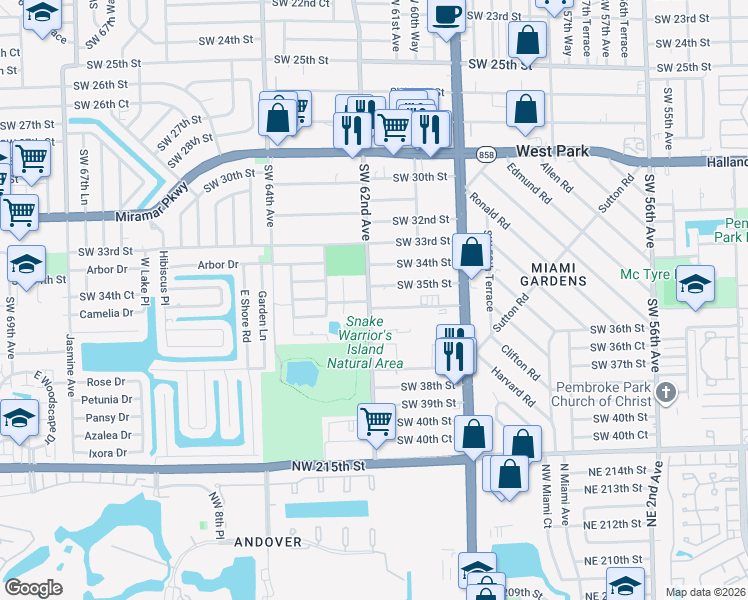 map of restaurants, bars, coffee shops, grocery stores, and more near 6151 Southwest 35th Court in Miramar