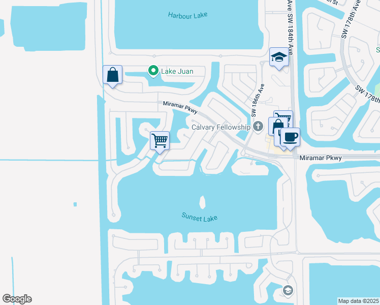 map of restaurants, bars, coffee shops, grocery stores, and more near 3241 Southwest 189th Avenue in Miramar