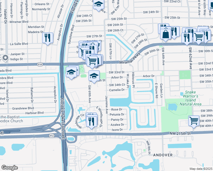 map of restaurants, bars, coffee shops, grocery stores, and more near 6773 Camelia Drive in Miramar