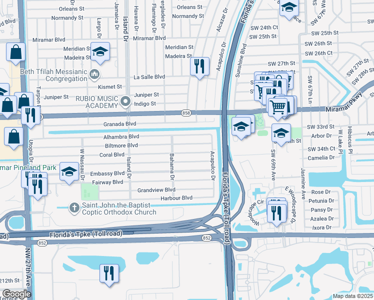 map of restaurants, bars, coffee shops, grocery stores, and more near 7310 Coral Boulevard in Miramar
