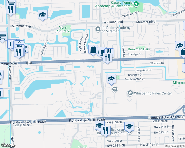 map of restaurants, bars, coffee shops, grocery stores, and more near 9077 Southwest 34th Court in Miramar
