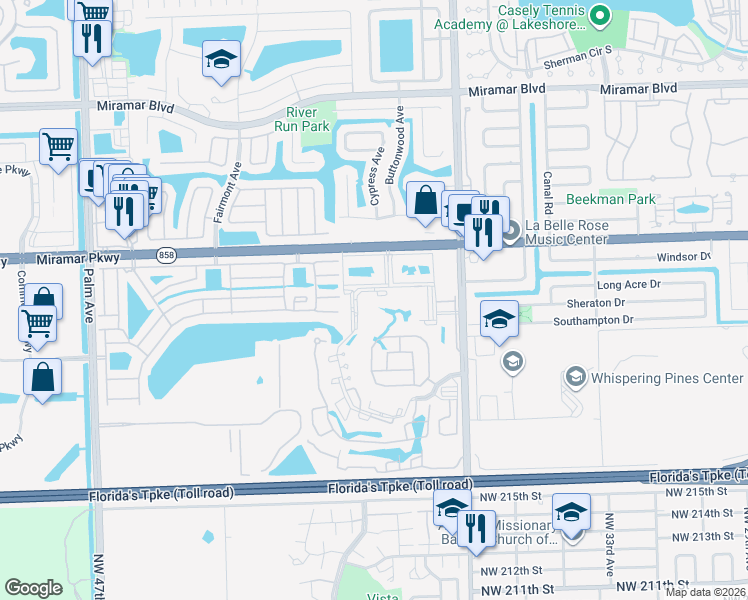 map of restaurants, bars, coffee shops, grocery stores, and more near 3396 Foxcroft Road in Miramar