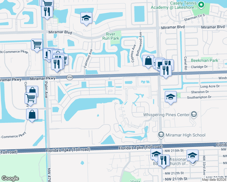 map of restaurants, bars, coffee shops, grocery stores, and more near 9390 South Meadows Circle in Miramar