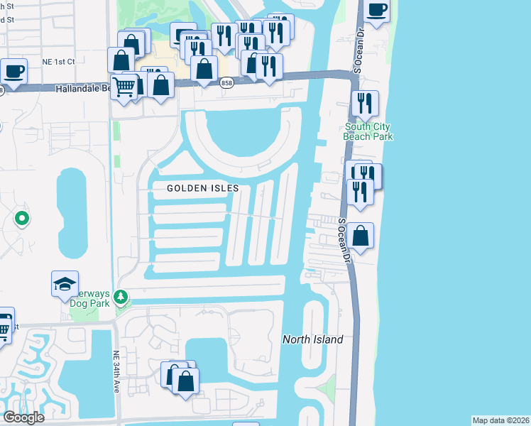 map of restaurants, bars, coffee shops, grocery stores, and more near 600 Hibiscus Drive in Hallandale Beach