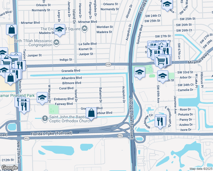 map of restaurants, bars, coffee shops, grocery stores, and more near 7310 Coral Boulevard in Miramar