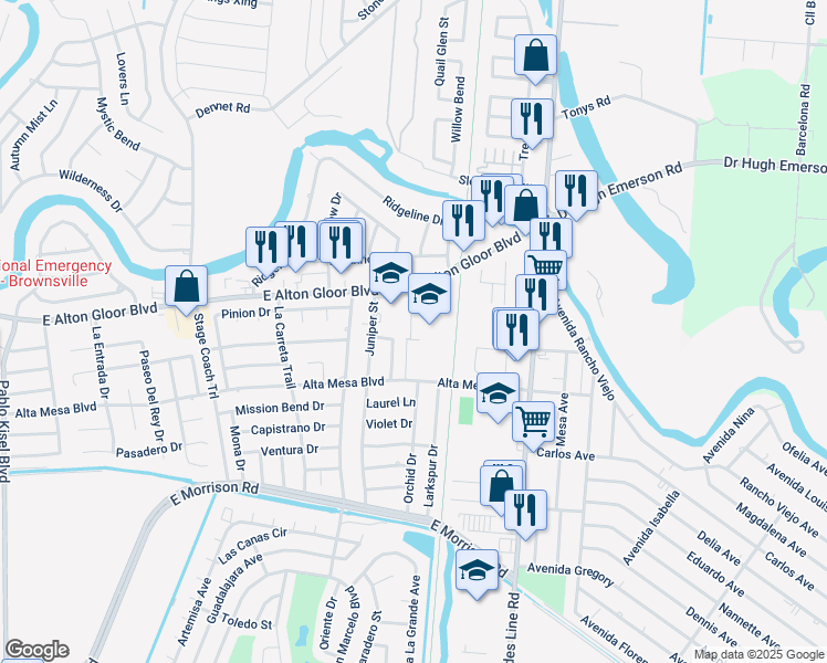 map of restaurants, bars, coffee shops, grocery stores, and more near 1974 East Alton Gloor Boulevard in Brownsville
