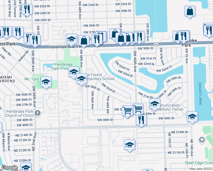 map of restaurants, bars, coffee shops, grocery stores, and more near 4411 Southwest 33rd Drive in West Park