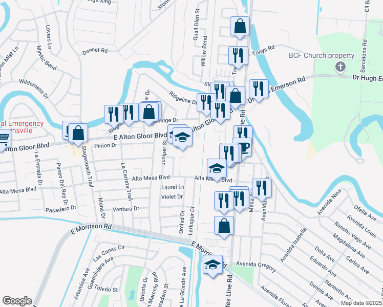 map of restaurants, bars, coffee shops, grocery stores, and more near 1974 East Alton Gloor Boulevard in Brownsville