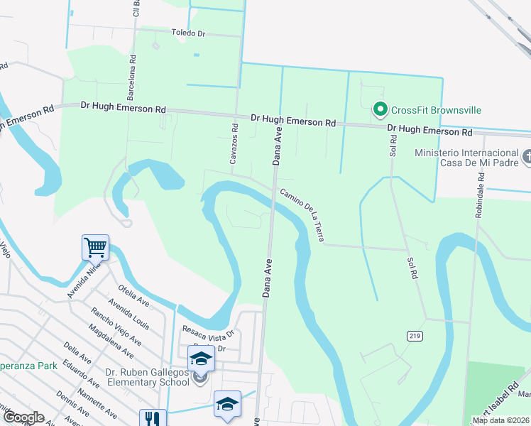 map of restaurants, bars, coffee shops, grocery stores, and more near Brisas Avenue in Brownsville