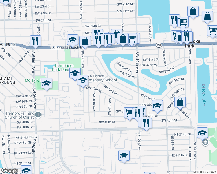 map of restaurants, bars, coffee shops, grocery stores, and more near 4411 Southwest 33rd Drive in West Park