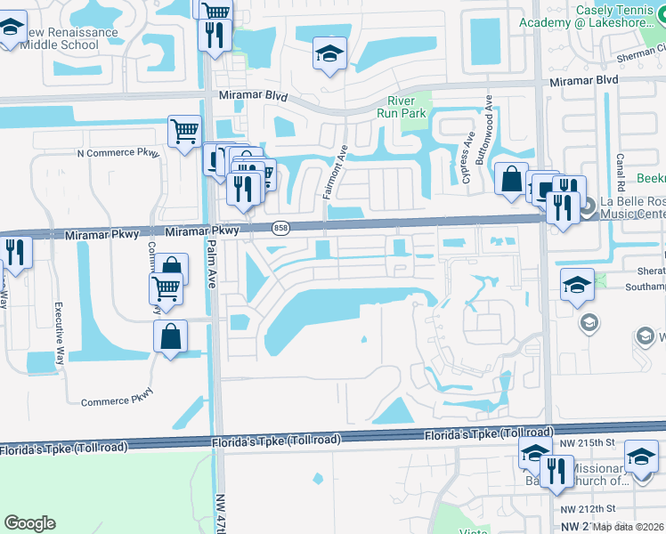 map of restaurants, bars, coffee shops, grocery stores, and more near 9631 West Daffodil Lane in Miramar