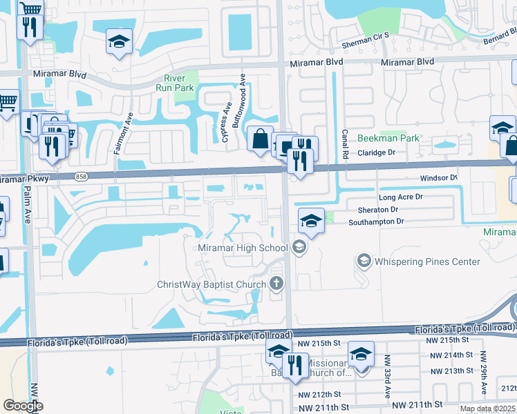 map of restaurants, bars, coffee shops, grocery stores, and more near 9077 Southwest 34th Court in Miramar