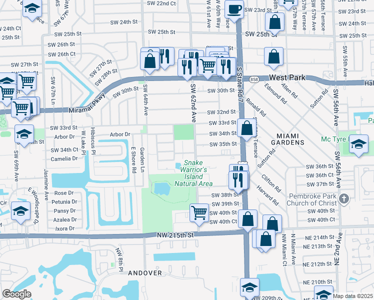 map of restaurants, bars, coffee shops, grocery stores, and more near 6200 Southwest 35th Street in Miramar