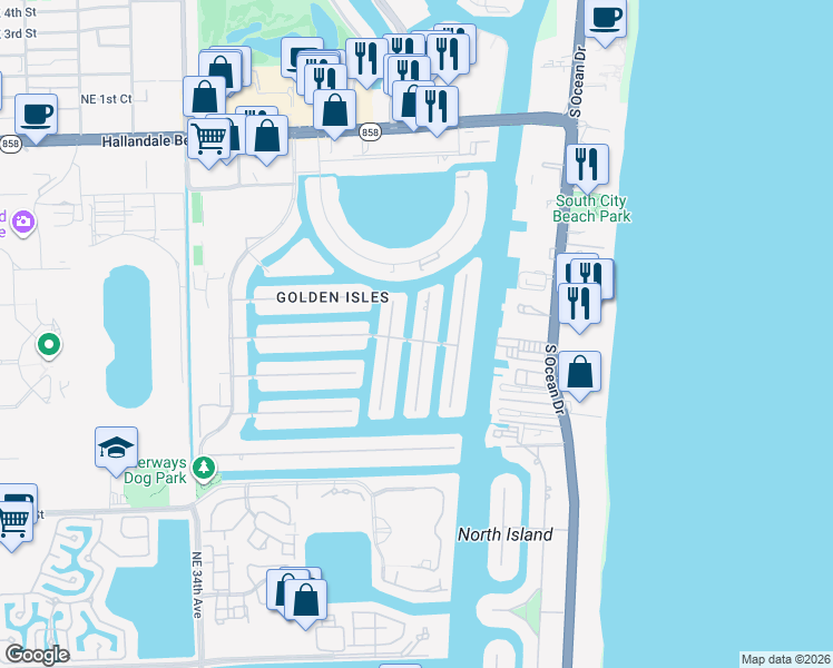 map of restaurants, bars, coffee shops, grocery stores, and more near 600 Hibiscus Drive in Hallandale Beach