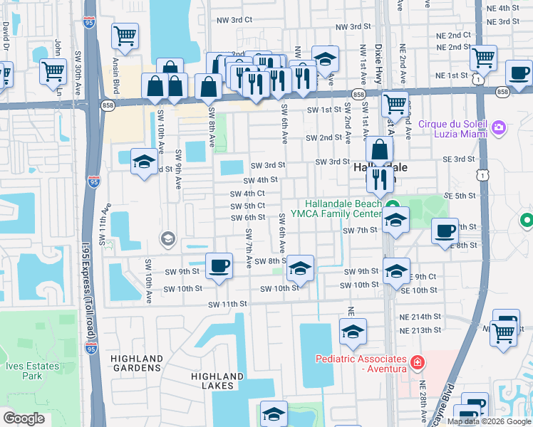 map of restaurants, bars, coffee shops, grocery stores, and more near 631 Southwest 6th Street in Hallandale Beach