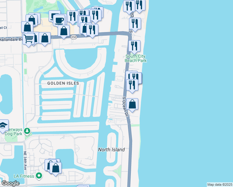 map of restaurants, bars, coffee shops, grocery stores, and more near 2001 South Ocean Drive in Hallandale Beach