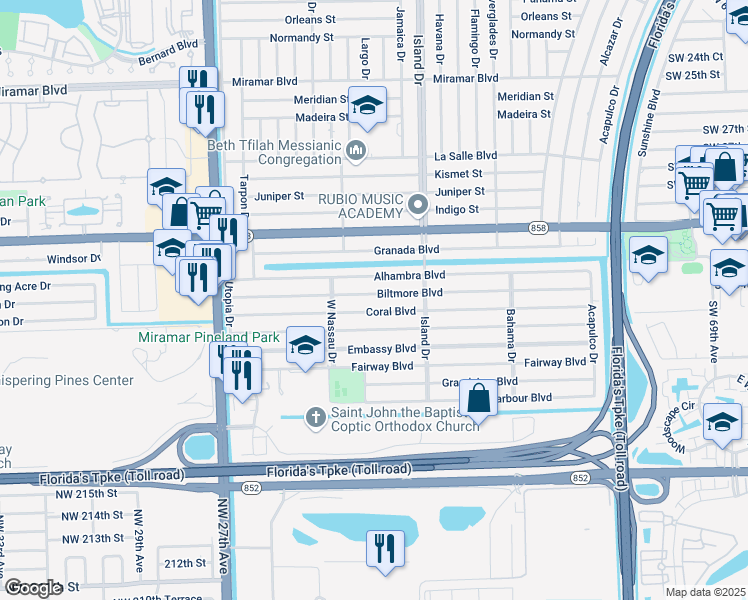 map of restaurants, bars, coffee shops, grocery stores, and more near 7764 Coral Boulevard in Miramar