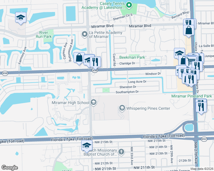 map of restaurants, bars, coffee shops, grocery stores, and more near 8768 Sheraton Drive in Miramar