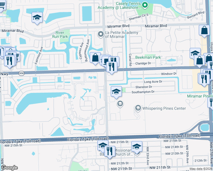 map of restaurants, bars, coffee shops, grocery stores, and more near 3408 Sheraton Place in Miramar