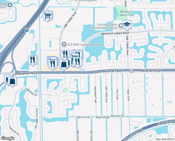 map of restaurants, bars, coffee shops, grocery stores, and more near 14201 Southwest 33rd Court in Miramar