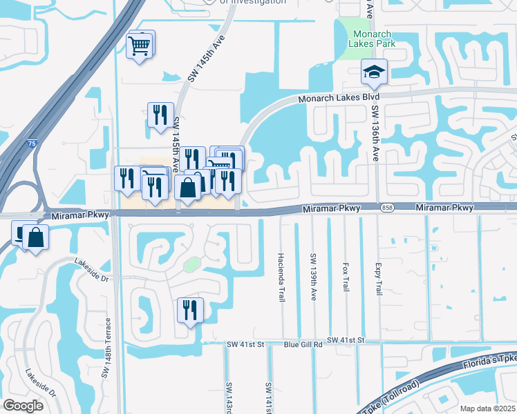 map of restaurants, bars, coffee shops, grocery stores, and more near 14201 Southwest 33rd Court in Miramar