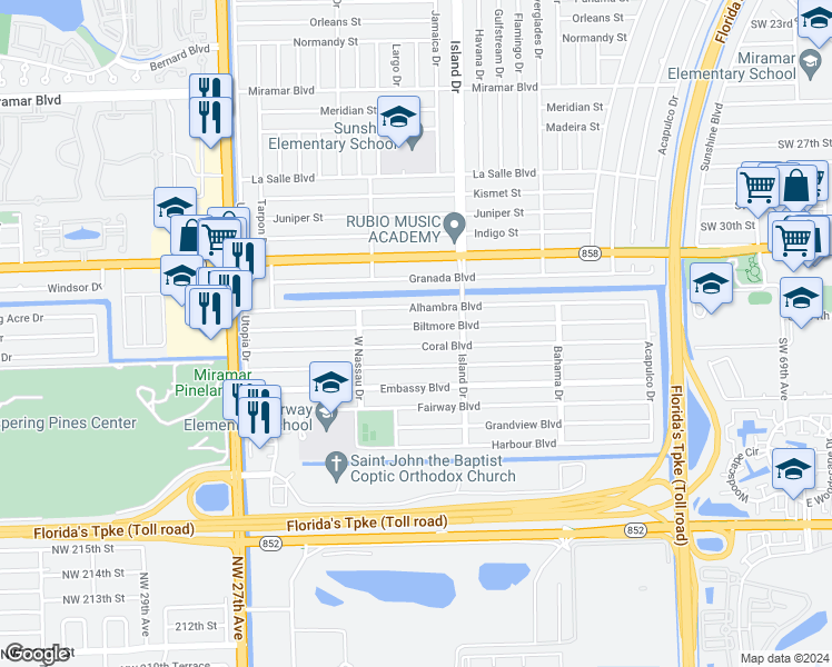 map of restaurants, bars, coffee shops, grocery stores, and more near 7744 Biltmore Boulevard in Miramar