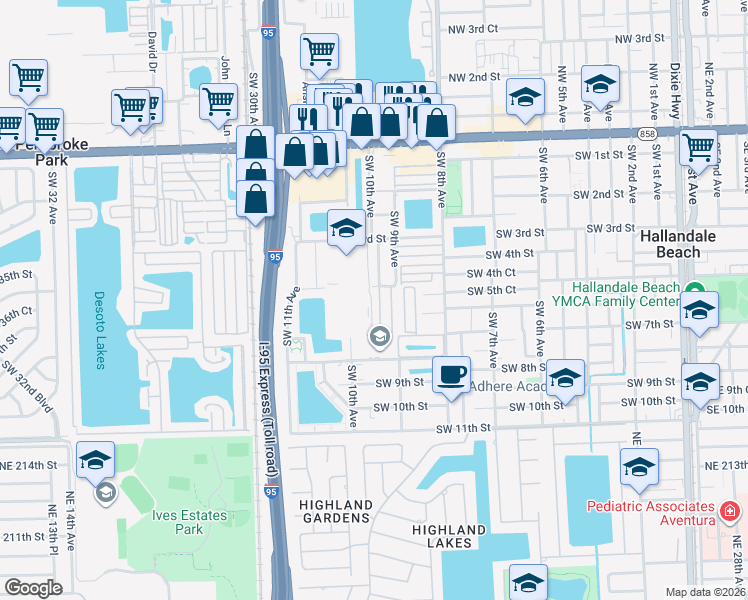 map of restaurants, bars, coffee shops, grocery stores, and more near 117 Atlantic Avenue in Hallandale Beach