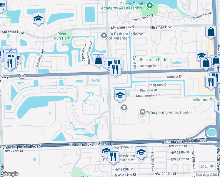 map of restaurants, bars, coffee shops, grocery stores, and more near 3408 Sheraton Place in Miramar