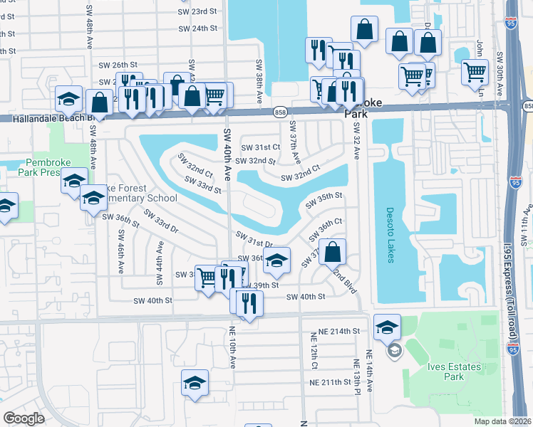 map of restaurants, bars, coffee shops, grocery stores, and more near 3832 Southwest 33rd Court in West Park