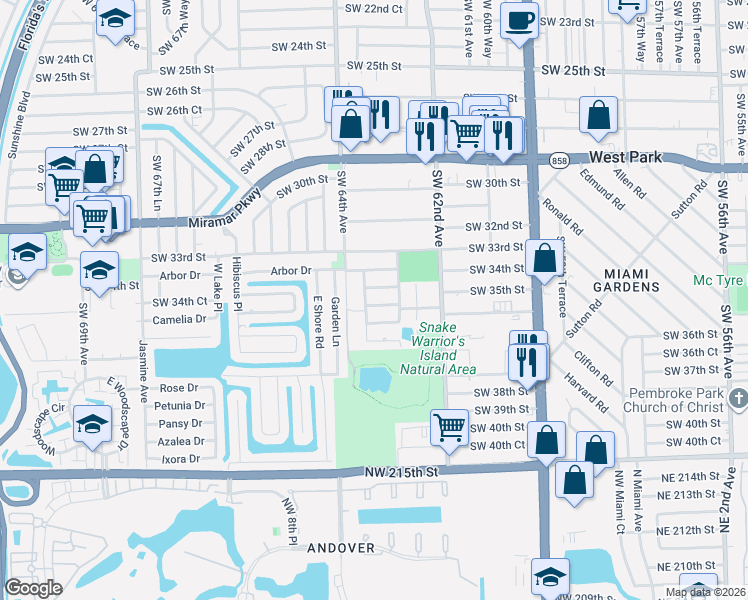 map of restaurants, bars, coffee shops, grocery stores, and more near 6351 Southwest 35th Street in Miramar