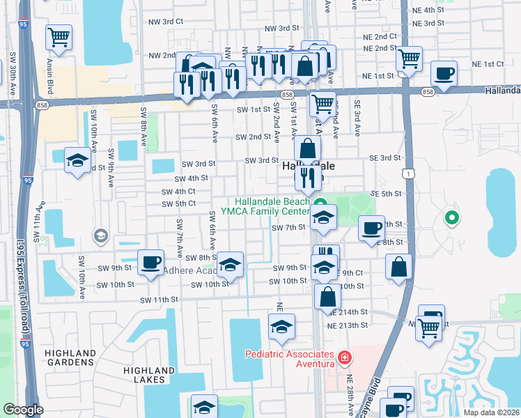 map of restaurants, bars, coffee shops, grocery stores, and more near 609 Southwest 3rd Avenue in Hallandale Beach