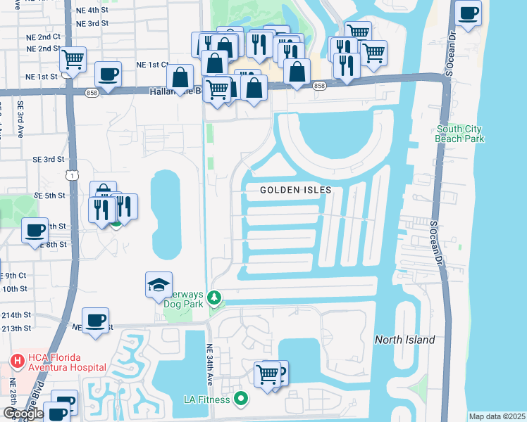 map of restaurants, bars, coffee shops, grocery stores, and more near 455 Sunset Drive in Hallandale Beach