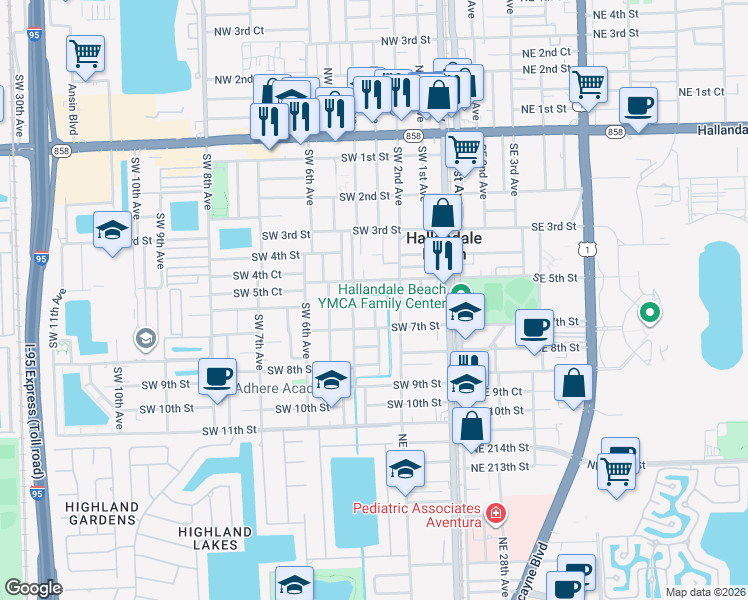 map of restaurants, bars, coffee shops, grocery stores, and more near 609 Southwest 3rd Avenue in Hallandale Beach