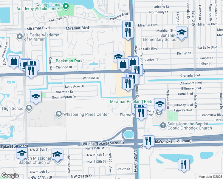 map of restaurants, bars, coffee shops, grocery stores, and more near 8218 Southampton Drive in Miramar