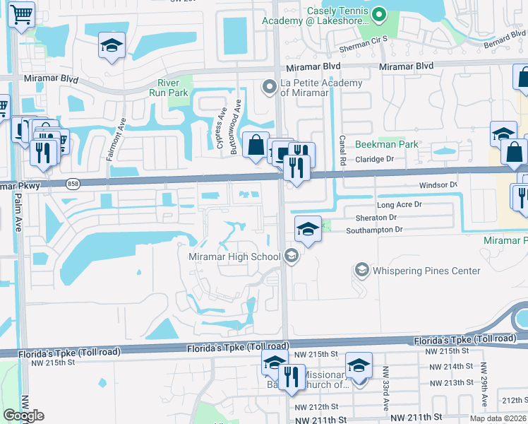 map of restaurants, bars, coffee shops, grocery stores, and more near 3390 Foxcroft Road in Miramar